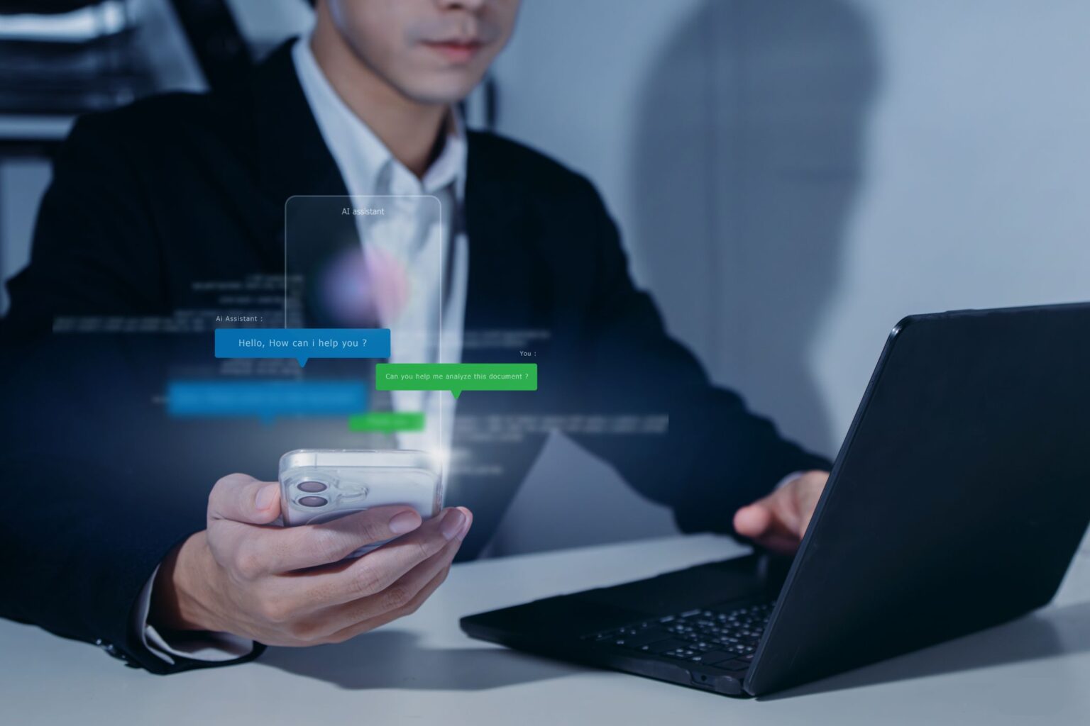 AI professional services leader using AI assistant on mobile device to analyze business documents — B2B Nations Series 2026