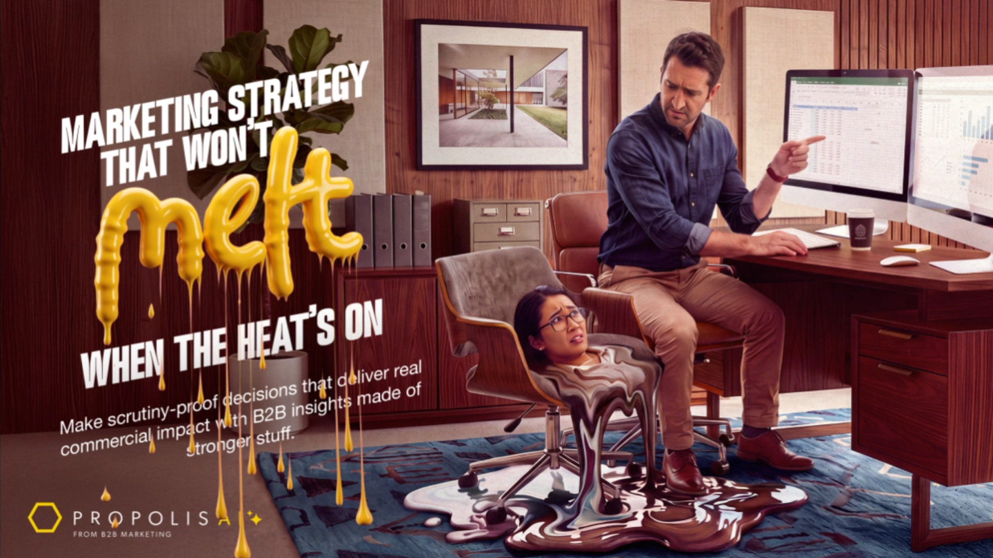 A men sitting in an office chair with a woman cartoonishly melting in a chair beside him