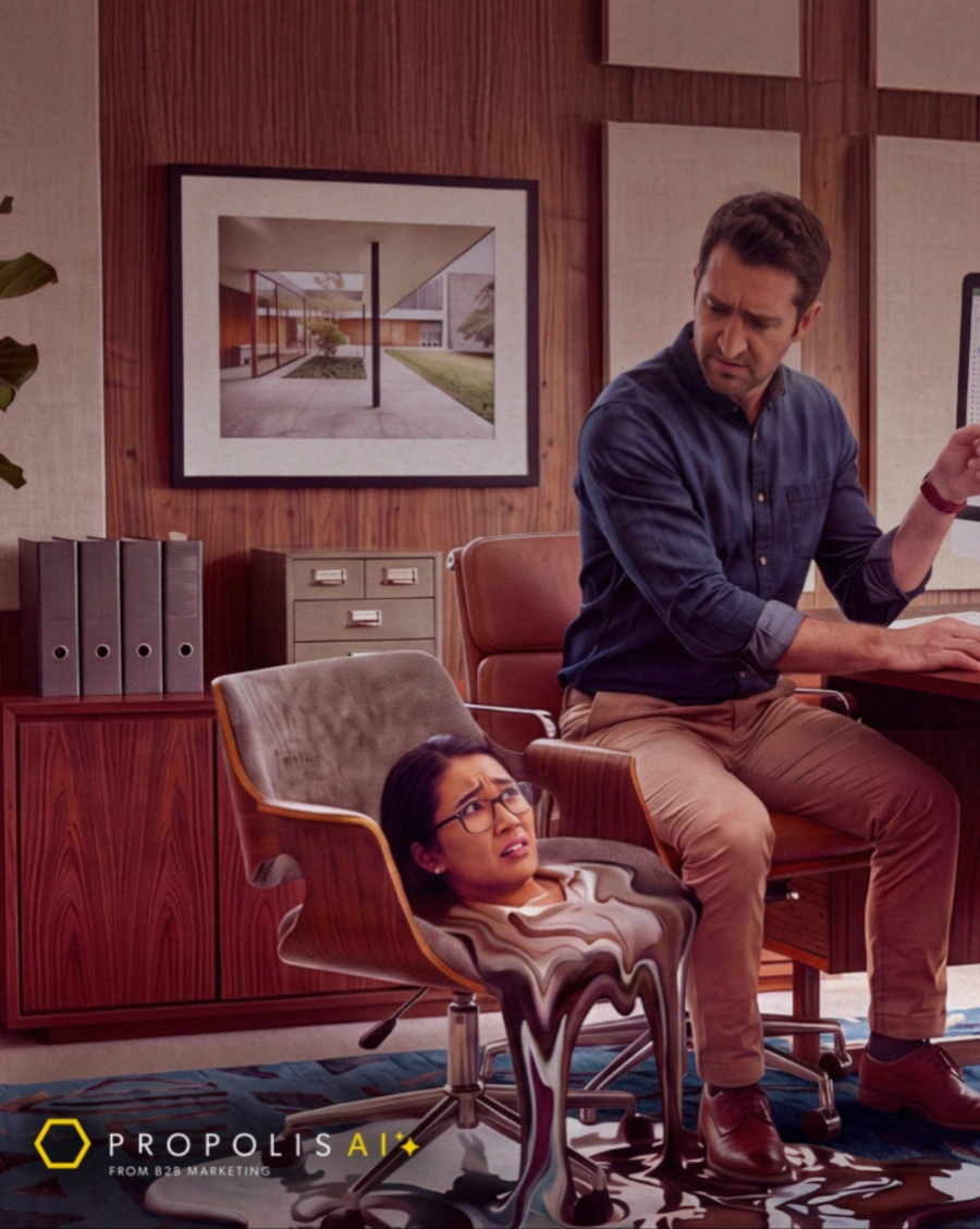 A men sitting in an office chair with a woman cartoonishly melting in a chair beside him